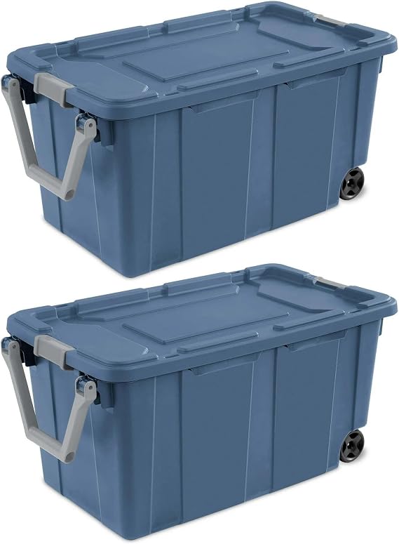 40 Gallon Wheeled Industrial Tote, Rugged Plastic Storage Bin, Latch Lid, Blue, 2 Count