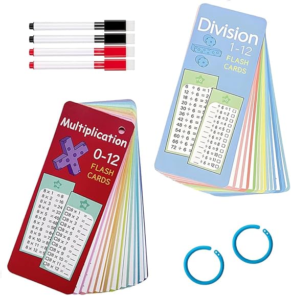 2 PCS Multiplication Time Tables Flash Cards, 0-12 Times Table Math Flash Cards with 4 Dry Erase Pens, Math Practice Cards with Black and Red Pens for Classroom Learning