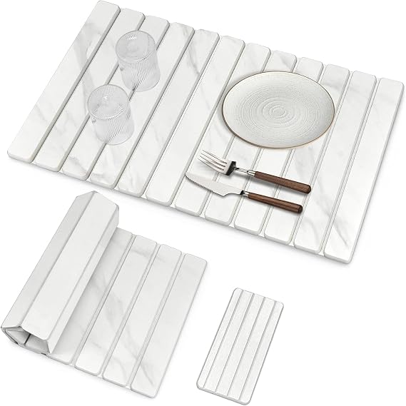 Large Stone Dish Drying Mat for Kitchen Counter, Quick Dry Dish Drying Mats, Foldable Absorbent Diatomaceous Earth Mats for Dishes Bottles Cup, Match Any Countertop (White Marble 28"16" & 8"x4")