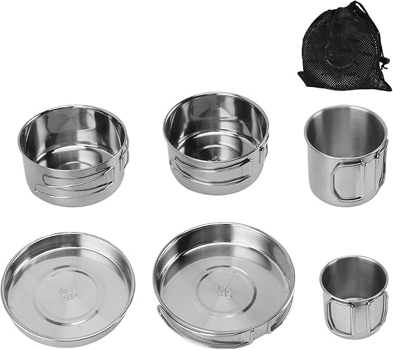 6PCS Portable Cookware Set Rapid Heating 304 Stainless Steel Efficient Easy to Clean Multifunctional Tableware