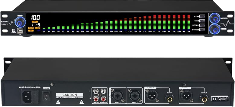 Digital Equalizer for Home Stereo Audio System, Professional 31 Band Dual Channel Graphic Equalizer Music EQ with PC Tuning, Noise Reduction & Spectrum Analyzer Display - Black