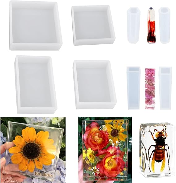 8pcs Resin Molds Kit,Square and Rectangle Silicone Epoxy Molds for Resin Jewelry, Soap, Dried Flower Leaf, Insect Specimen