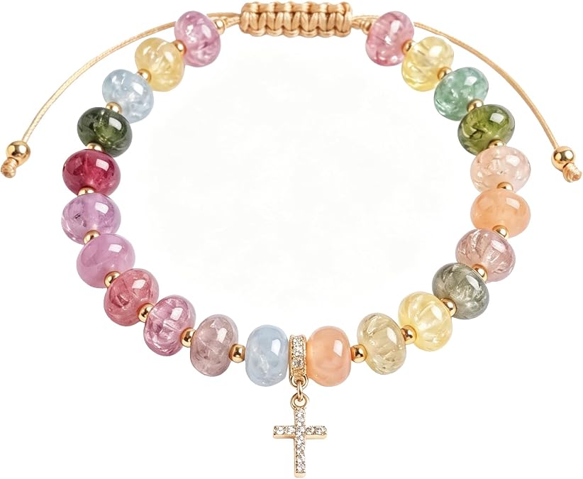 HANGINTHERE 14K Gold Crystal Cross Bracelet for Women, 8mm Beads Healing Stone Spiritual Gift for Mom Wife Best Friend, Birthday Anniversary Christmas