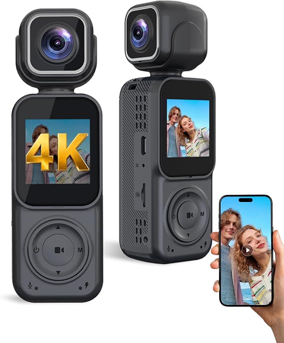 4K Vlogging Camera Pocket Action Cameras with Dual-Lens Mini Body Cam | Audio & Video Recording POV Handheld Camera wtih 32GB Card for Travel, Blogging, Daily Recording