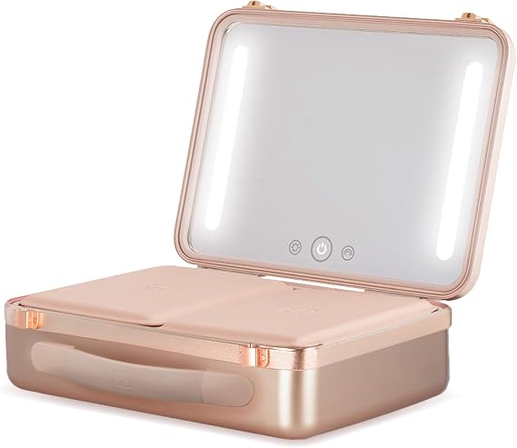 Beautifect Box Rose Gold - Large Makeup Bag with LED Light Up Mirror - Quilted Metallic Vanity Case Travel Cosmetics Bag for Women - Toiletry & Make Up Organiser with Compartments & Brush Holders