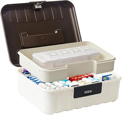 Lock Storage Box - Medicine Secure First Aid Organizer Box Safe with Combination Code for Cash Money Key Phone Snack Home Fridge Office Travel Storage Gifts - Brown - Small