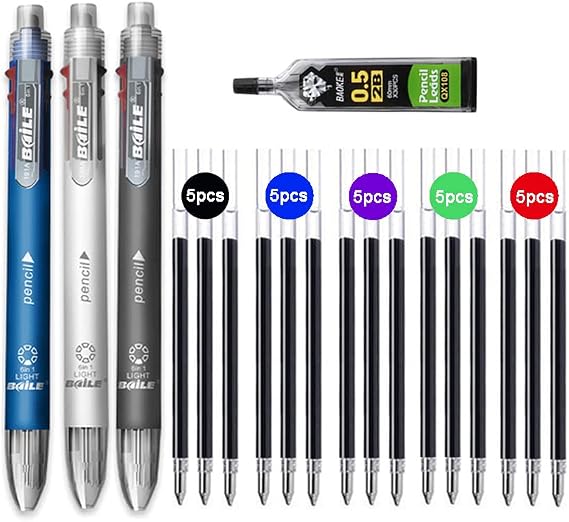 MROOFUL 6 in 1 Multicolour Retractable Ballpoint Pen Mechanical Pencil Set 3pcs Pen 25pcs Refills Black Blue Red Green Purple Ink with 1 Tube Lead