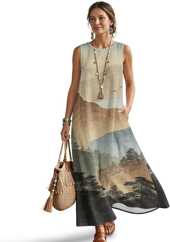 Summer Imitation Linen Long Dress for Women Sleeveless Boho Flowy Dresses Plus Size Loose Comfy Dress with Pockets