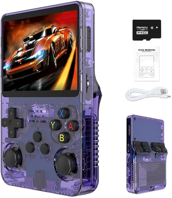 R36S Retro Handheld Game Console, 21000+ HD Games Mini Retro Video Console, 3.5 Inch IPS Screen, Portable Arcade Video Gaming Console Gift for Adults (Purple)
