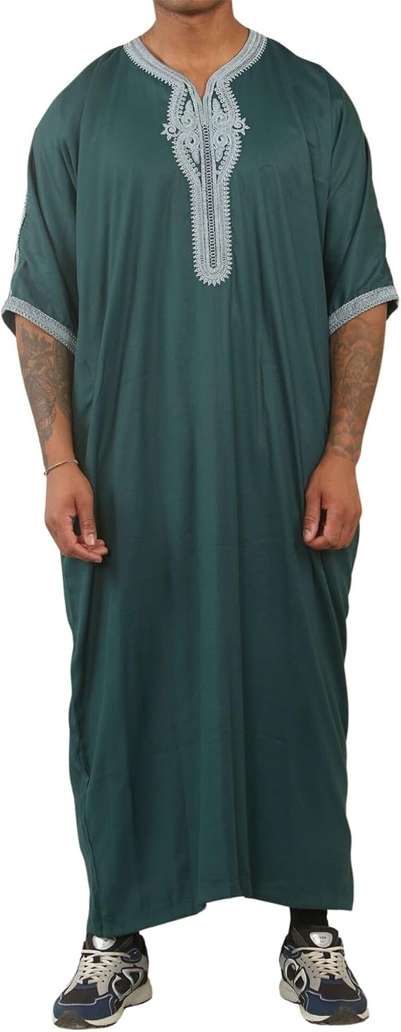 Men's Green Moroccan Thobe Short Sleeve Gandoura Embroidery Kaftan