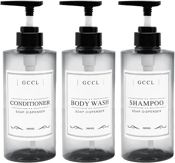3 Pack Refillable Shampoo and Conditioner Dispenser - 500ml Plastic Empty Soap Dispenser for Shower Gel, Reusable Body Wash Liquid Bottle Pump Dispenser Set with Labels for Bathroom or Hotel