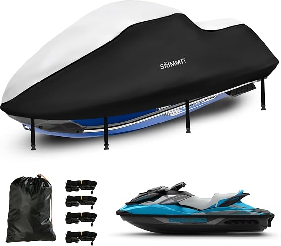 Boat Cover,Trailerable Jet Ski Cover 3 Seats,Heavy Duty 420D Oxford Fabric Motor Boat Cover Waterproof Marine Grade Anti-UV with 2 Air Vents and 4 Windproof Buckles Fits Seadoo,Kawasaki,Polaris