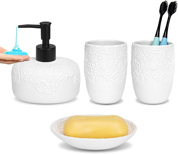 Bathroom Accessories Set, 4pcs Ceramic with Embossed Design Look Sets Bathroom Soap Dispenser 13.5oz & 2Pcs Ceramic Cup, 1Pcs Soap Dish