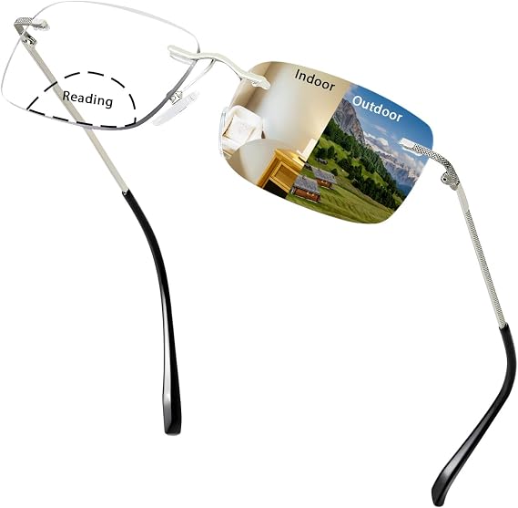 Rimless Bifocal Photochromic Reading Glasses Anti Blue Light Titanium Sunglasses Transition Reading Glasses