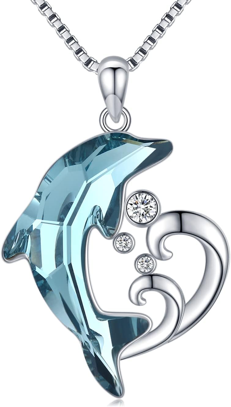 Midir&Etain Dolphin Necklace 925 Sterling Silver Blue Crystal Dolphin Pendant Necklace Beach Themes Jewellery Birthday Gifts for Women Girlfriend