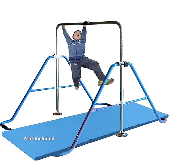Children Monkey Bar Gymnastics Athletic Expandable Kip Balance Bars Junior Training Play Gym Blue with 2Ft x 6Ft Gymnastic Mat