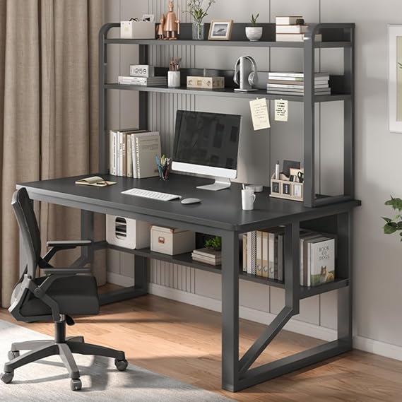 Multifunctional Learning Desk with Bookshelf | Simple Modern Design Study Table | Thick Steel Plate Frame for High Load Capacity and Stability, Spacious Desktop & Multi-Layer Storage Shelf, Ideal