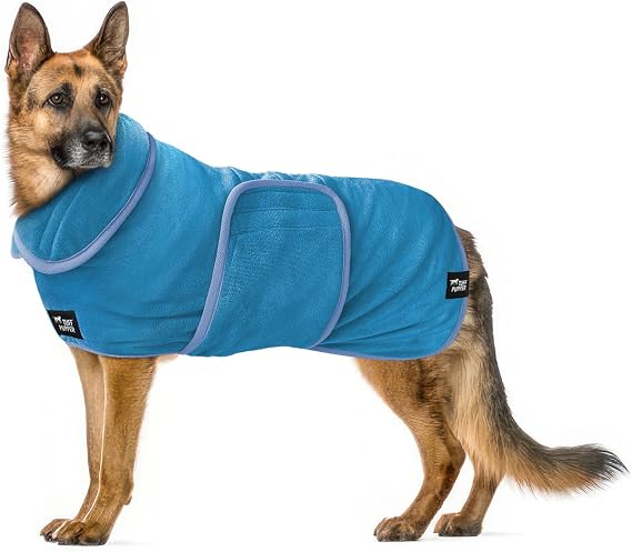 Tuff Pupper Fast Drying Dog Bath Robe | 800 GSM Plush Dog Towel Bathrobe/Dressing Gown | Super Absorbent Pet/Puppy Bathrobe | Adjustable Hood & Belly Strap | Super Soft | Fast Drying (L, Blue)