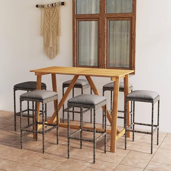 7-Piece Outdoor Bar Set, Gray Solid Acacia Wood, Oiled Finish, 27.6x55.1x40.9 inch Rectangular Patio Furniture, 6-Seater Dining, Balcony, Terrace