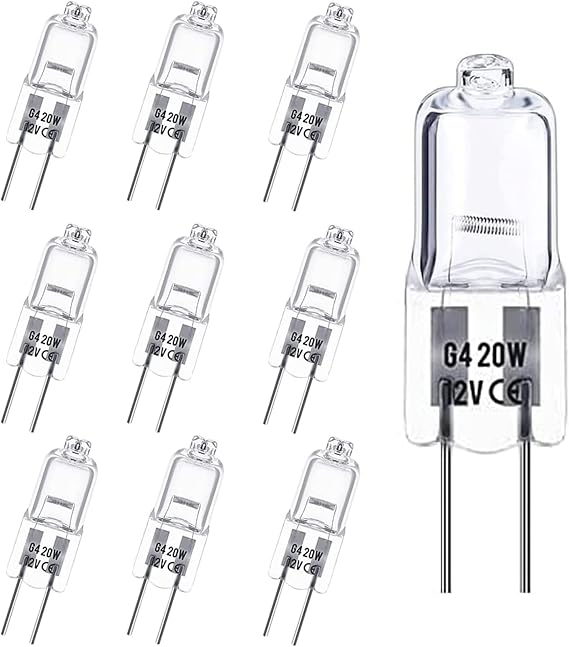 G4 Halogen Light Bulbs 20W 12V, 10 Pack Clear Capsule 2 Pin Lamp Bulb Halogen Pin Base Warm White Dimmable [Energy Class G] [Energy Class G]