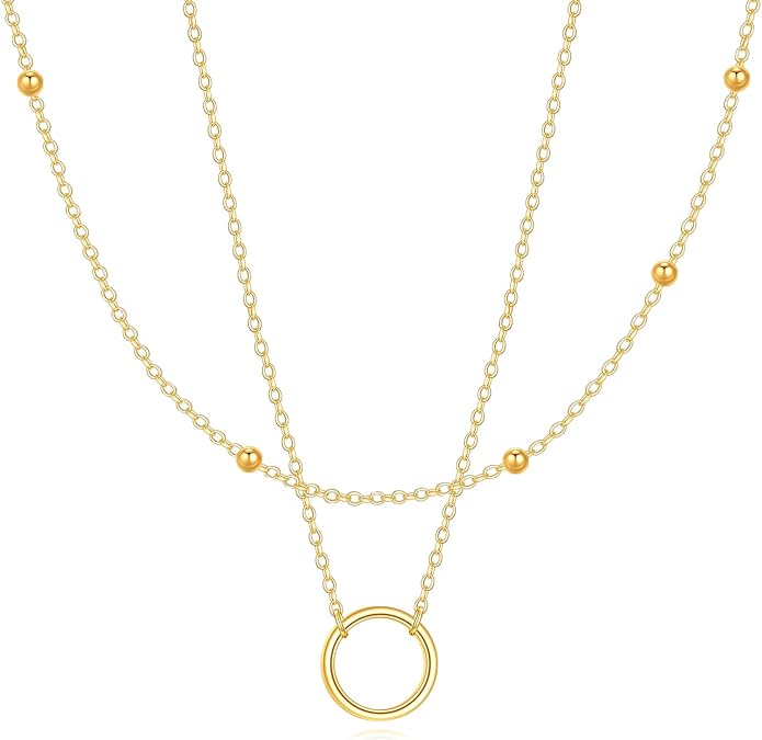 KECHO 10K Solid Gold Layered Circle Necklace Dainty Circle Pendant Layering Long Necklace for Women Jewelry Gift for Mom, Wife, Sister