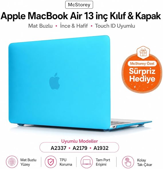 McStorey MacBook Air M1 Kılıf A2337 Uyumlu 13 İnç Mat Sert Kılıf A2179 A1932 Parmak İzi Bırakmayan Koruyucu Hard Case Kapak Açık Mavi