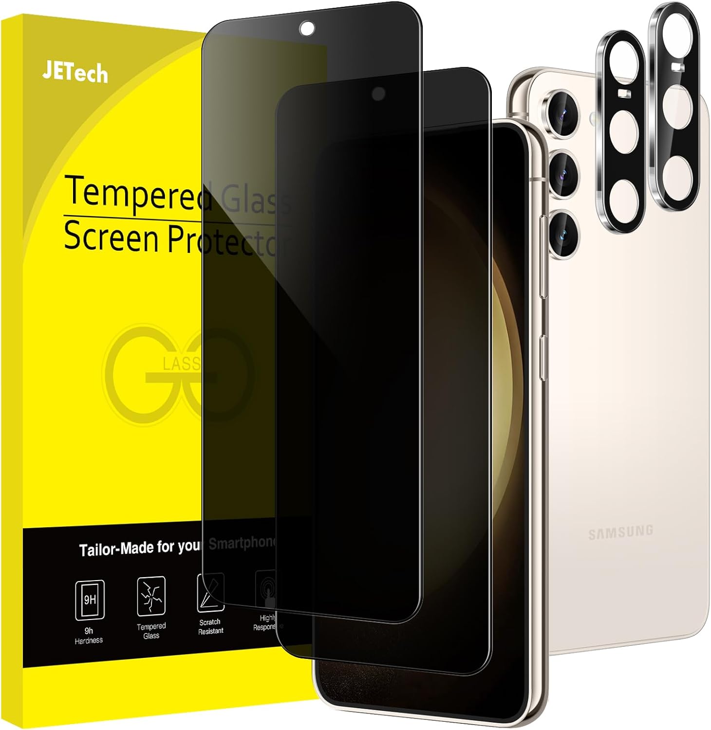 jetech privacy screen for samsung galaxy s23 5g 6.1 inch with camera protection anti-spy screen protector tempered glass screen protector camera film fingerprint id compatible pack of 2 each