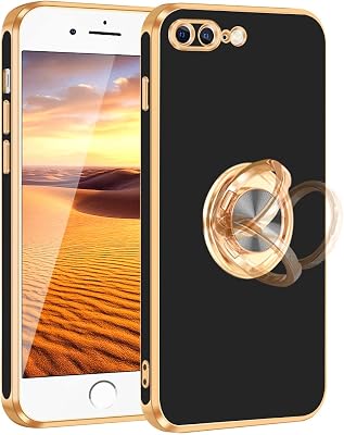 Fingic for iPhone 7 Plus Phone Case,iPhone 8 Plus Case with Ring Stand Holder,360Rotatable Magnetic Kickstand Shiny Gold Edge Slim Shockproof Protective Case for iPhone 78 Plus for Women Men,Black