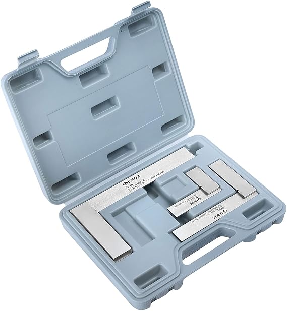 Groz 3-Piece Precision Steel Square Set (2", 4", 6"), Hardened Blades, 16 Micron Accuracy, BS 939 Grade B, with Case for Machinist Woodworking Layout (01012)