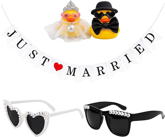 Just Married Car Decorations, Wedding Decor Set for Cars, 5 Pcs Car Decor Set Includes Banner, Sunglasses, Bride and Groom Rubber Ducks for Wedding Parties and Photo Props