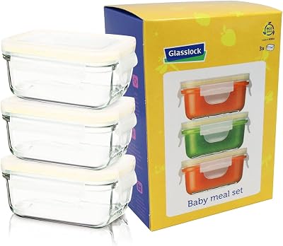 Glasslock 6pcs Set Yum Yum Eco Friendly Airtight Spill Proof Baby Meal Food Storage Container Rectangular 150ml, Safely Freeze Your Homemade Baby Food