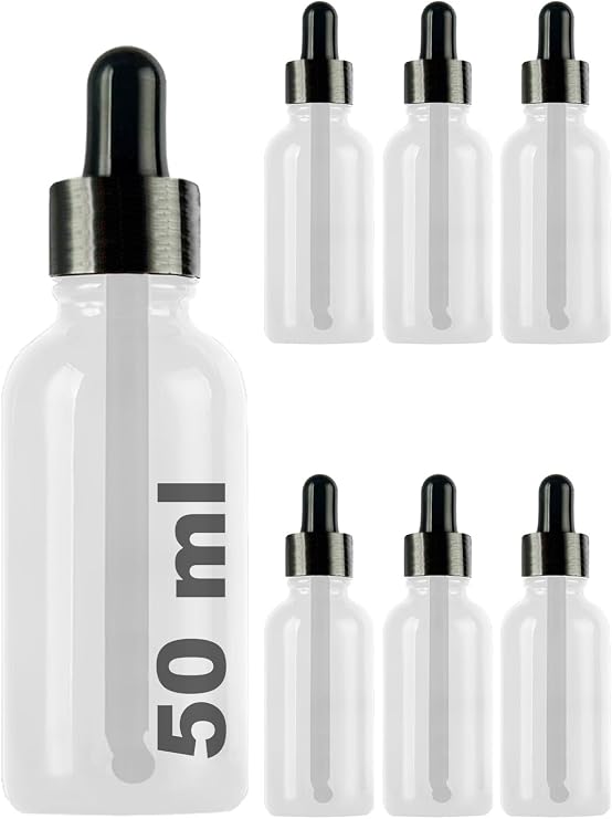 Afracam 50ml Dropper Dropper Bottle with Metal Lid Serum 50 cc Glass Bottle 6 Pieces (Black Lid, Transparent)