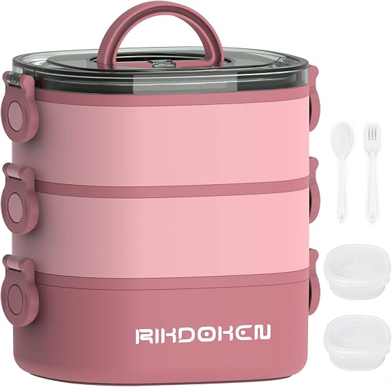 Lunch Box, Stackable 3 Layers Containers, Portable 98OZ Large Capacity Leakproof Bento Box with Spoon & Fork & Sauce Boxes, Microwave Safe Lunch Box for Kids and Adults Pink