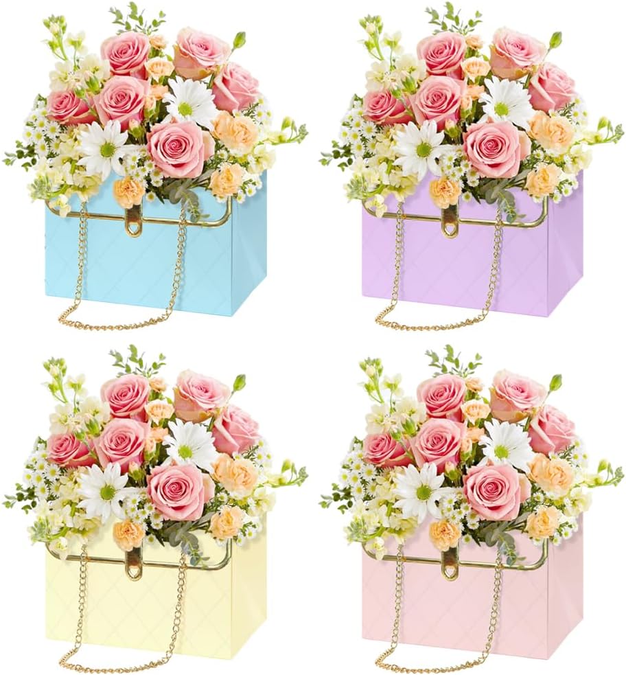 Florist Bouquet Paper Gift Box,4 Pack Folding Bouquet Flower Wrapping Boxes with Metal Chain Handle Basket Packaging Handbag Gift Paper Boxes for Wedding Anniversary Valentine's Day Mother's Day