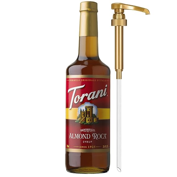 Torani Coffee Syrup, Almond Roca Flavored Syrup for Drinks, Glass Bottle, Pump Included, 25.4 Fl Oz