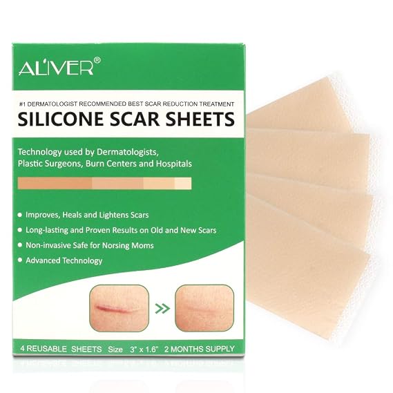 Silicone Scar Removal Sheets, Professional Gel Strips for Scars Caused by C-Section, Surgery, Burns, Injuries Acne, and Stretch Marks Patch Away, 3"1.6", 4 Sheets Reusable (2 Months Supply)