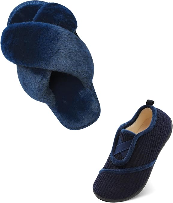 JIASUQI Cross Open Toe Fuzzy Fluffy House Slippers for Women Cozy Memory Foam Criss Cross Furry Slides Slippers Navy Size 8-9