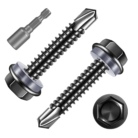 100 Pcs Hex Head Self Drilling Screws for Metal,M4.8x25mm Self Tapping Sheet Metal Tek Screws,410 Stainless Steel Black Coating Hex Drive With 1 Bits for Steel/Wood/Plastic.