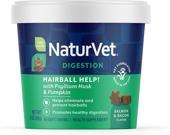 NaturVet Hairball Aid Supplement for Cats - Plus Pumpkin - 60 Soft Chews