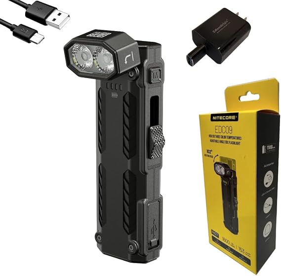 Nitecore EDC09 1600 Lumens Rotating Swivel Head Flat EDC Rechargeable Flashlight, Multi Color Temperatures, Magnetic Tail, w/EBR USB Charger
