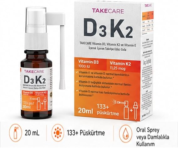 TAKECARE Vitamin D3, Vitamin K2 ve Vitamin E İçeren Takviye Edici Gıda 20ml Sprey ve Damlalıklı