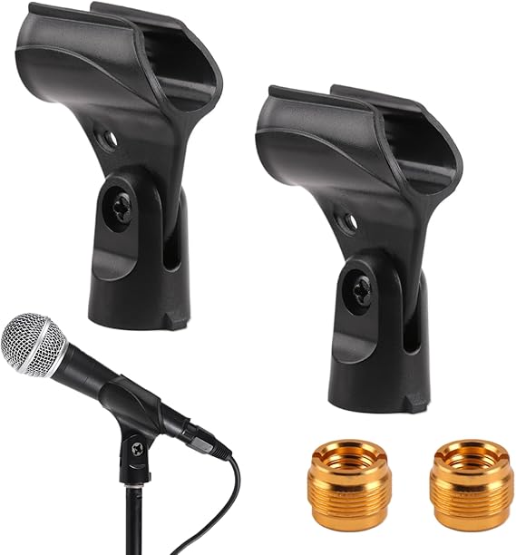 2 Pack Universal Microphone Holder 180° Adjustable Microphone Clip Attachment Large Handhold Mic Stand with 5/8" to 3/8" Mic Copper Screw Adapter for Wired Wireless Mic Clamp
