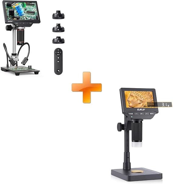 Elikliv 4K Digital Microscope 3-Lenses: Magnetic Triple Lens Soldering TL301 with 7" IPS Screen+Elikliv EDM4C Coin Microscope with Scale