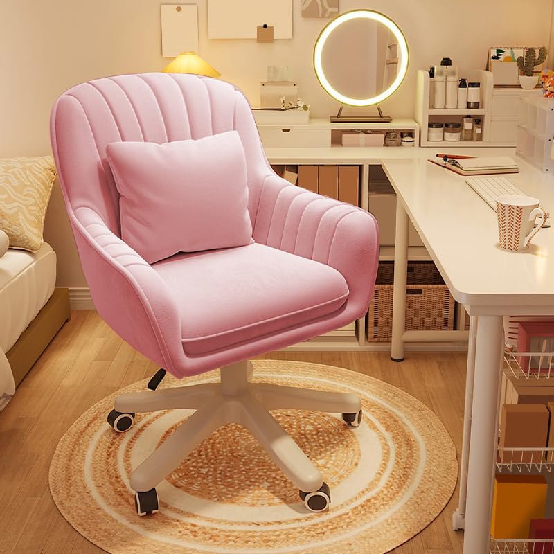 Home Office Chair Computer Chair with Mid-Back Upholstered Modern Tufted Computer Task Chair Swivel Height Adjustable Velvet Accent Chair(Pink).