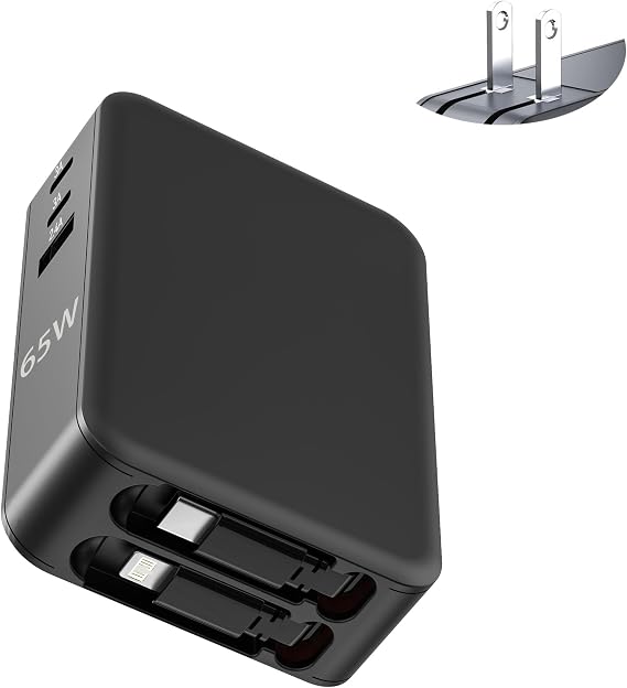 Wall Charger, GaN Fast Charging 65W, Retractable Dual Cables, USBC Port, Folding Plug, Compact Travel Multi Charging Block for Phone