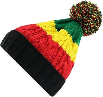 Unisex Jamaica Reggae Beanie Cuff with Pom Pom Long Rasta Slinky Cap Slouchy Baggie Beanie Hat Black