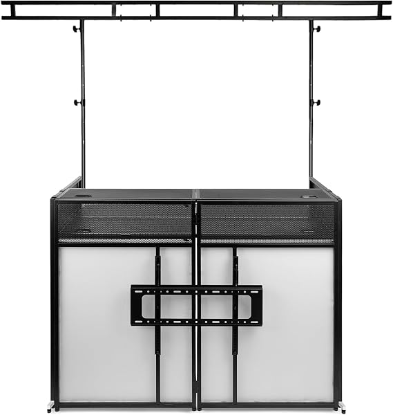 VONYX Foldable DJ Booth with TV Mount and Overhead Lighting T-Bar, Complete DJ Booth with TV Screen, DJ Facade with TV, Mobile DJ Setup for Weddings Parties Events