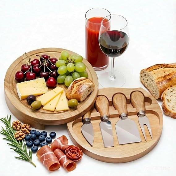 8" Round Wood Cheese Board Set with 4 Stainless Steel Knives & Hidden Drawer - Small Charcuterie Board with Juice Groove for Entertaining, Gifts, Picnics & Travel