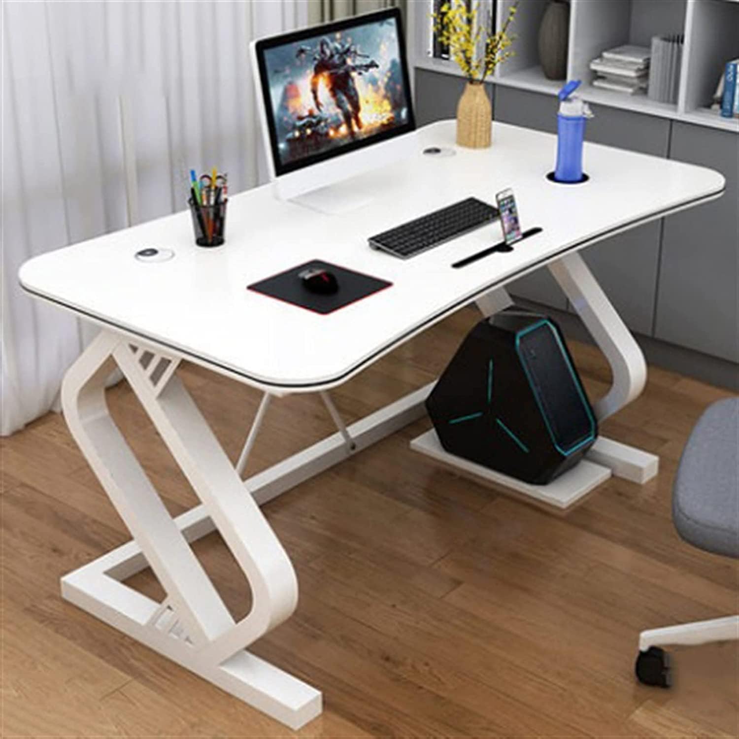 Computer Desk for Home Office Multifunction Desktop PC Desk with Mobile Phone Card Slot Ergonomic Arc Simple Fashion Electronic Competition Table Gaming D White-160CM