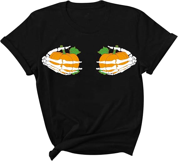 Halloween T Shirt Women Men, Halloween Skeleton Pumpkin Adult Tops Tshirt, Funny Short Sleeve Shirts for Women Men